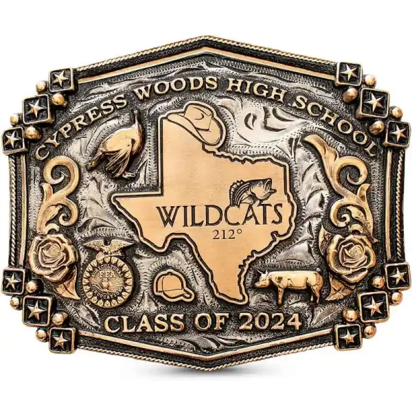 A custom graduation belt buckle for Cypress Woods High School with mutiple personalized figures, logos and roses